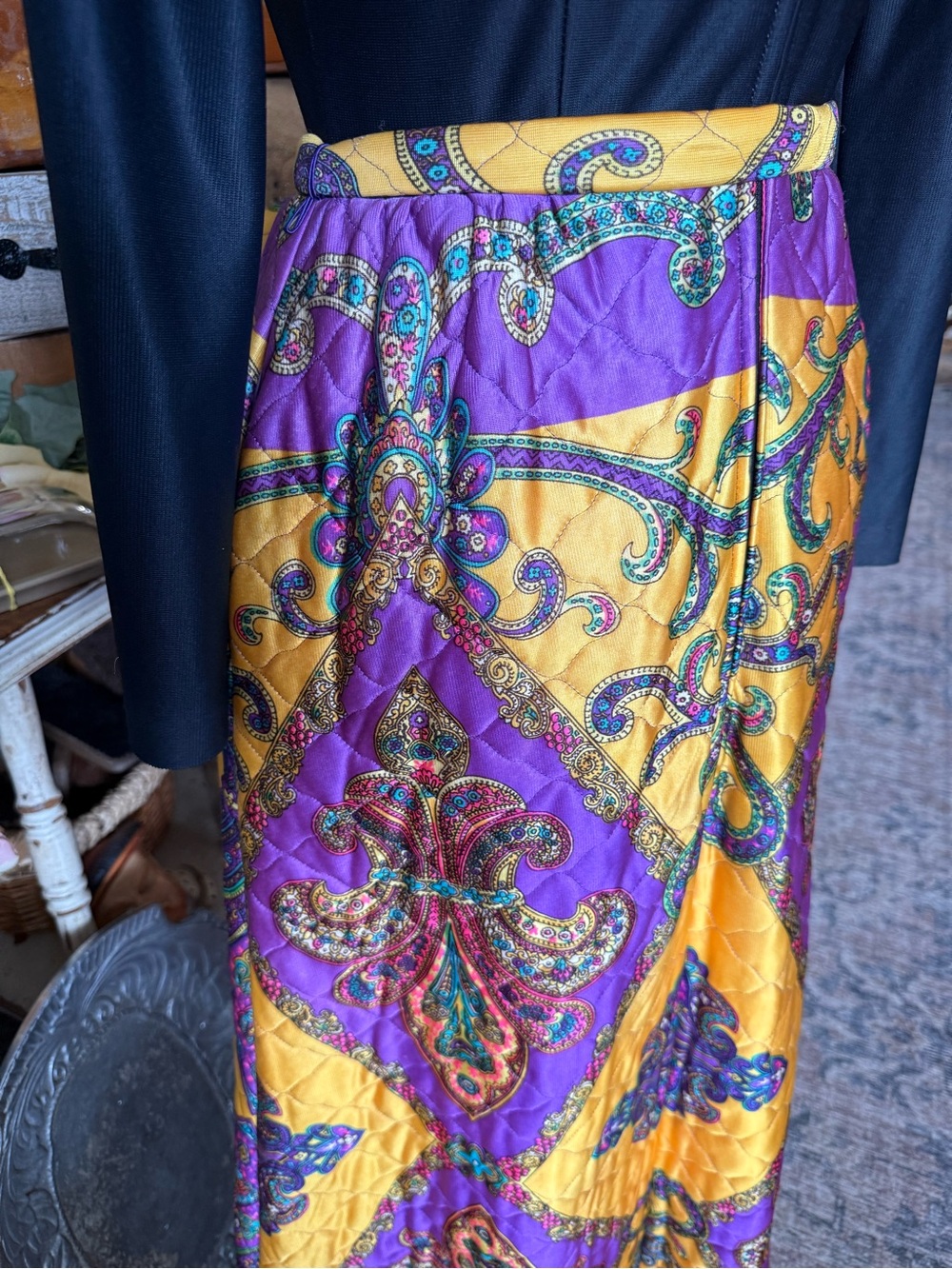 1960s Yellow & Purple Paisley Quilted Maxi Dress with Tie - Picture 5 of 6